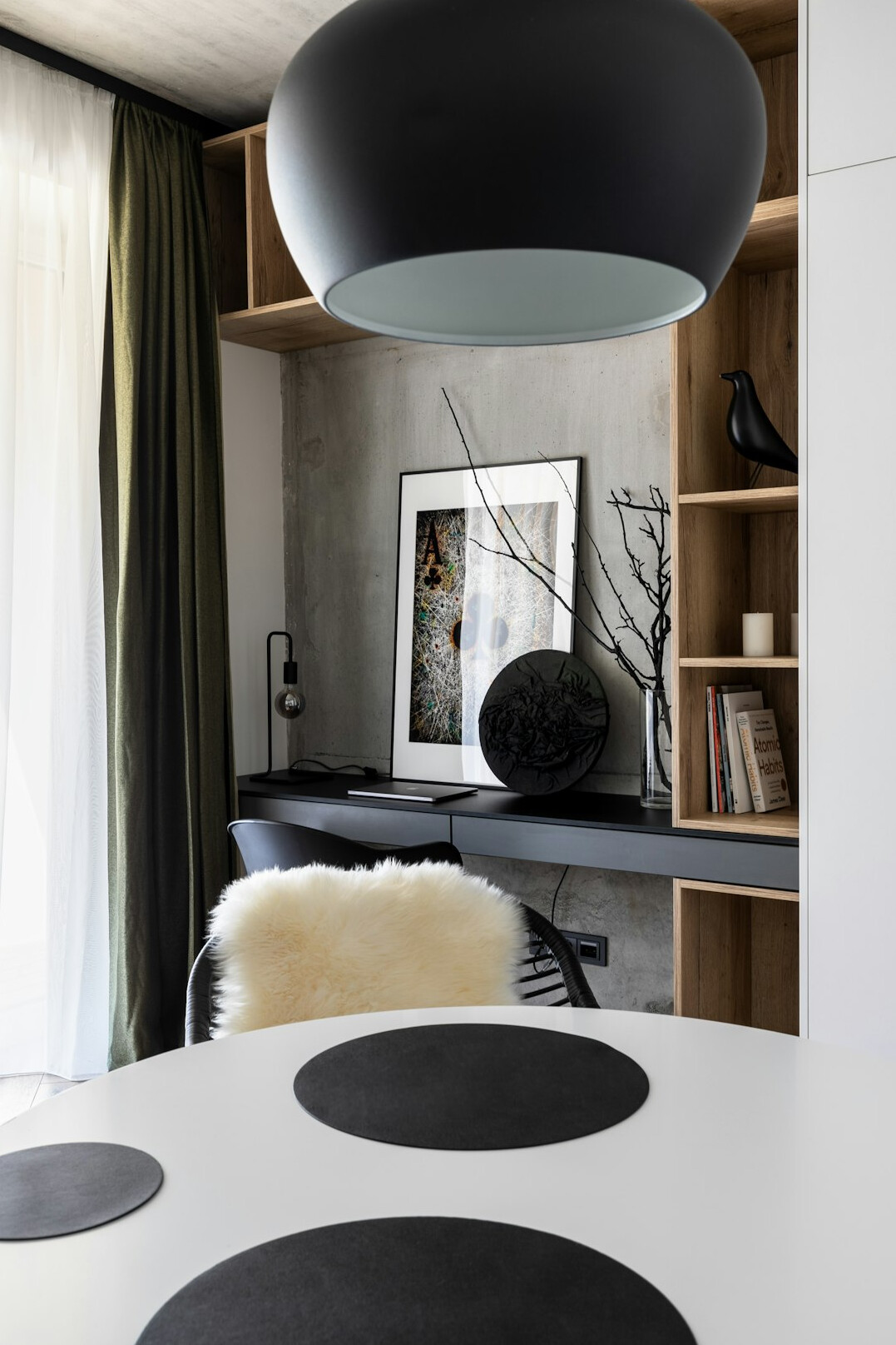 Bright workspace with books and collection albums